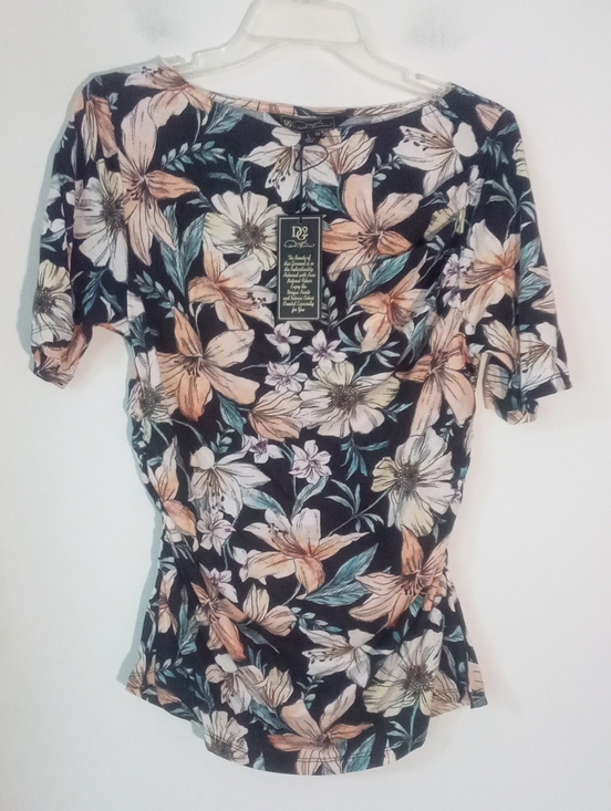 DG2 by Diane Gilman Tops - Dg2 Floral Short-Sleeve Black with Peach and Teal Flowers Large NWt Runs Small